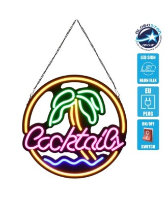 GloboStar® 85851 Φωτιστικό Ταμπέλα Φωτεινή Επιγραφή NEON LED Σήμανσης COCKTAILS 30W AC 230V με Διακόπτη On-Off Ροζ - Γαλάζιο - Κίτρινο - Πράσινο